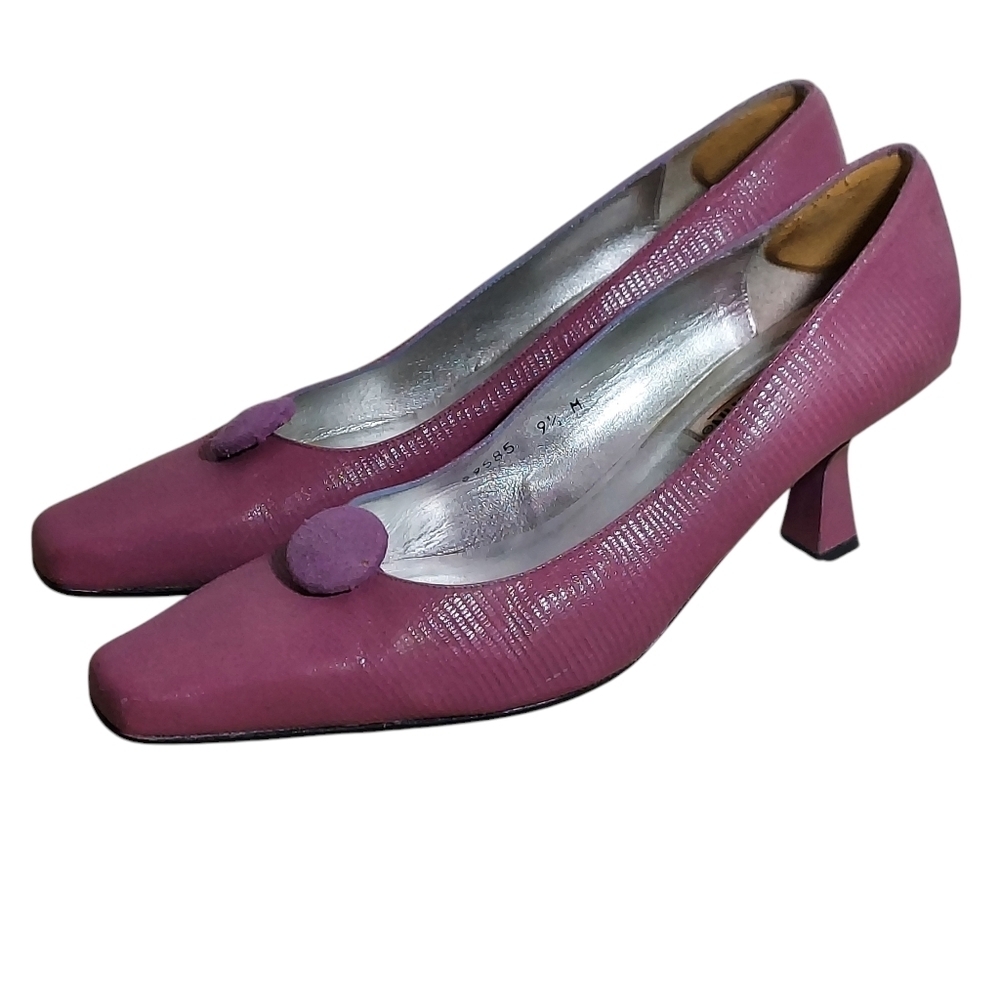 Timothy Hitsman Vintage Purple Dark Lavender Textured Leather Square Toe Heels